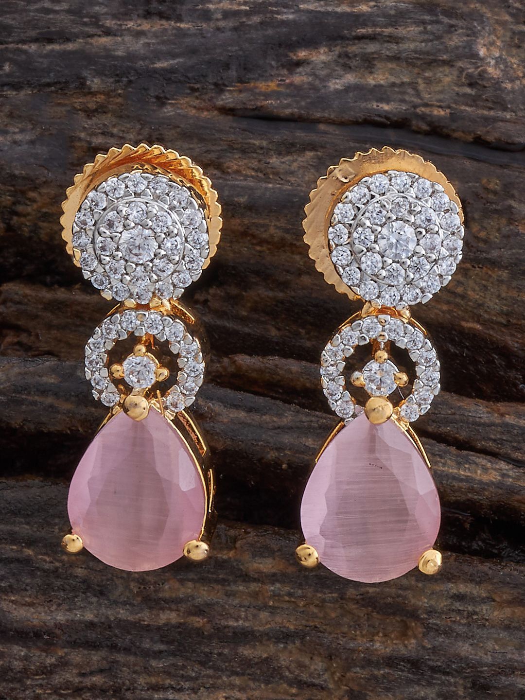 

Kushal's Fashion Jewellery Rhodium-Plated Teardrop Shaped Zircon Drop Earrings, Pink
