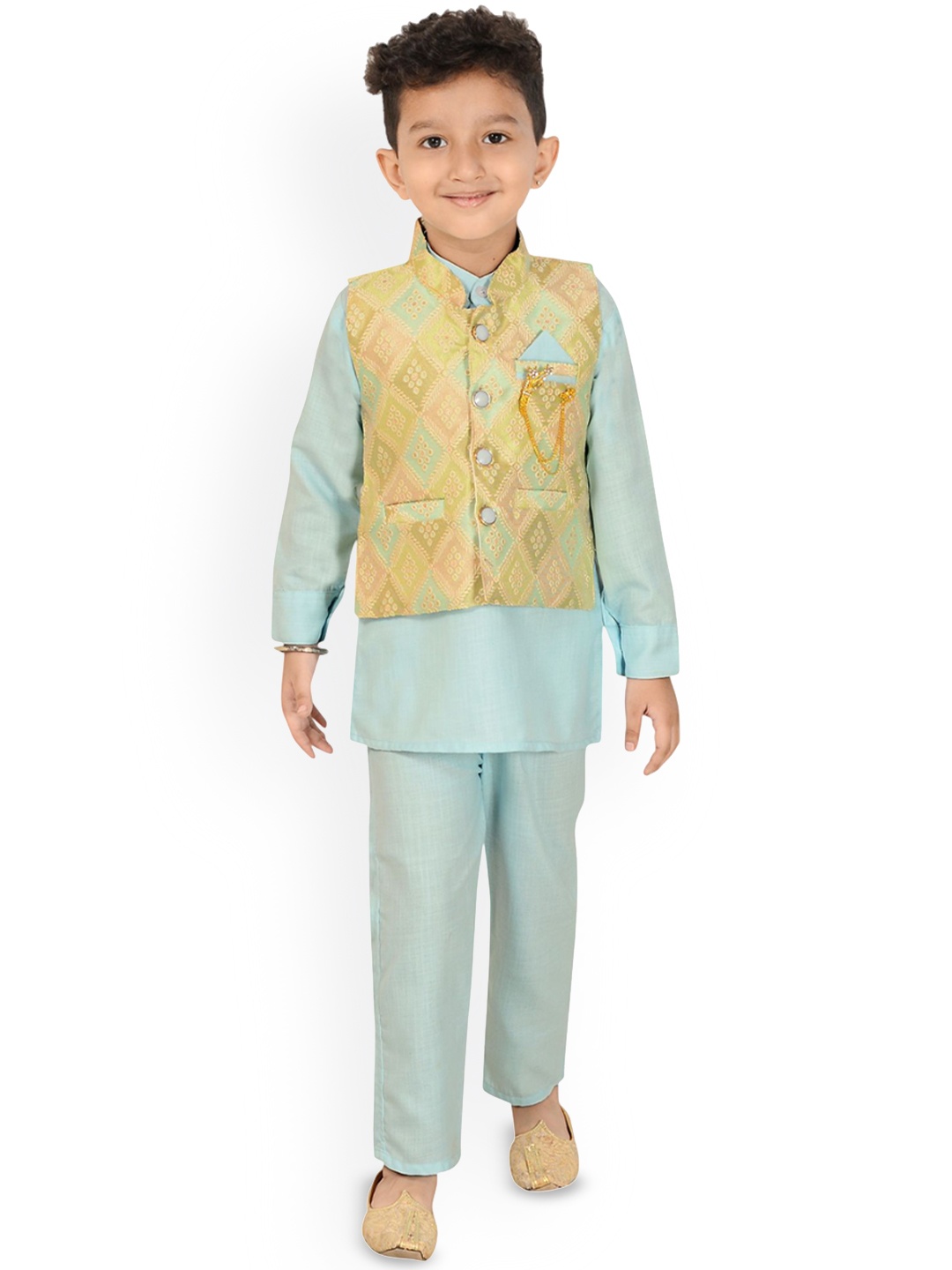 

Little Needle Boys Ethnic Motifs Embroidered Regular Linen Kurta with Pyjamas, Turquoise blue