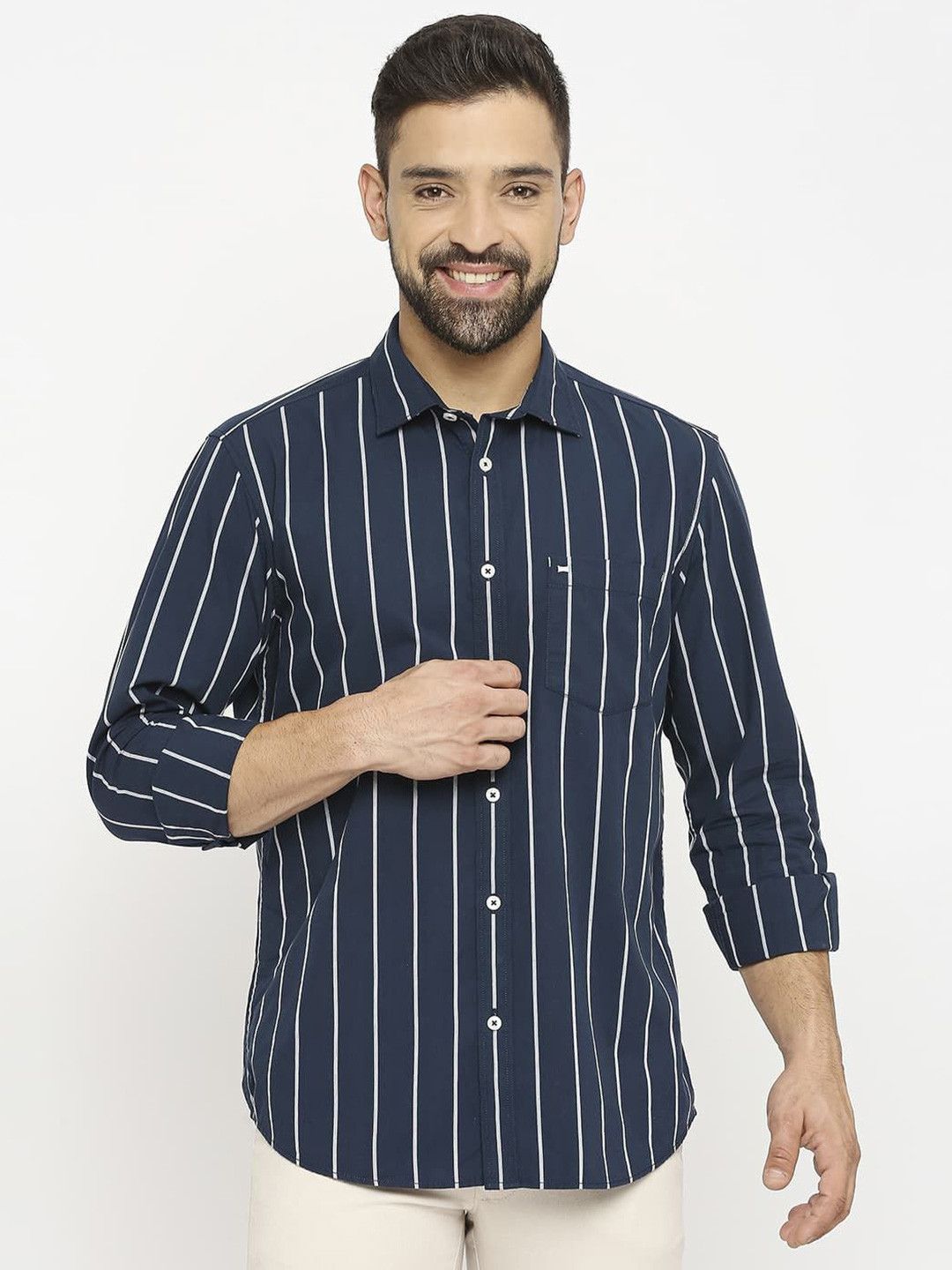 

Basics Men Slim Fit Opaque Striped Casual Shirt, Blue