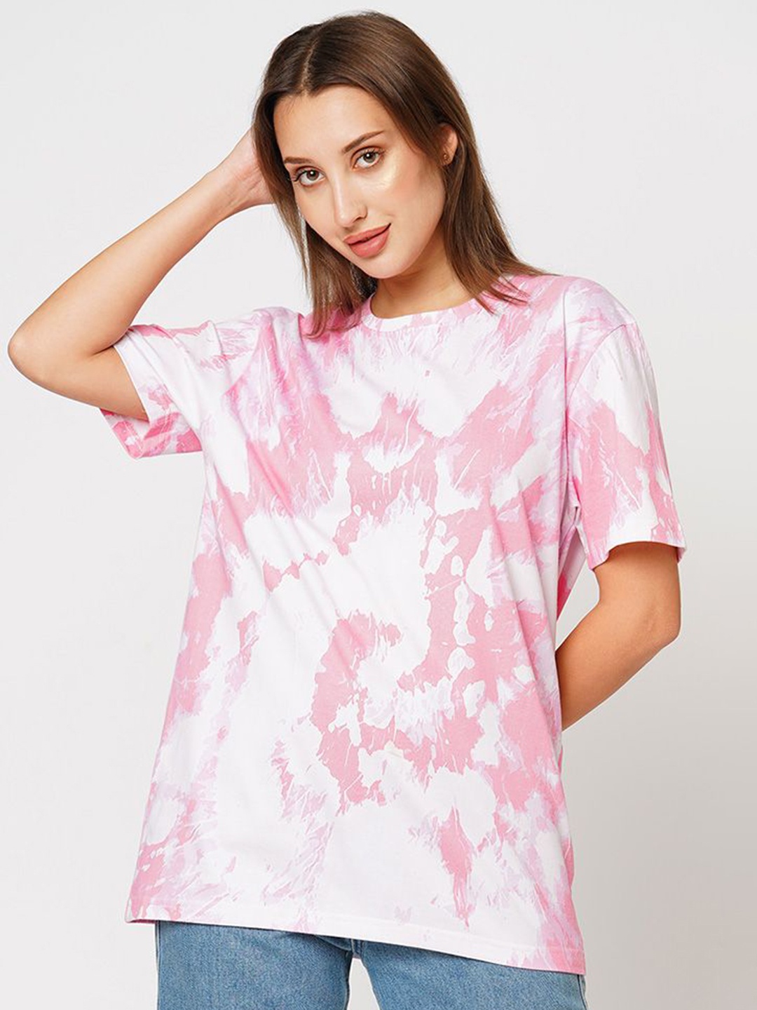 

Wear Your Opinion Women Tie and Dye Printed Drop-Shoulder Sleeves T-shirt, Pink