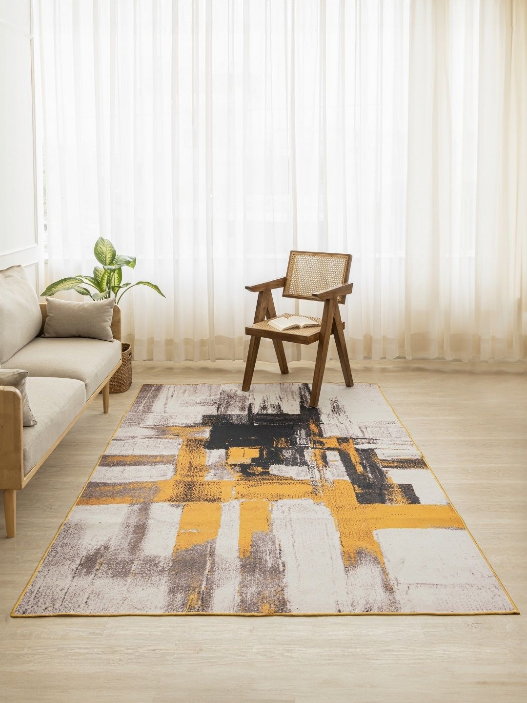 

HOMEMONDE Yellow Striped Anti-Skid Polyester Carpet