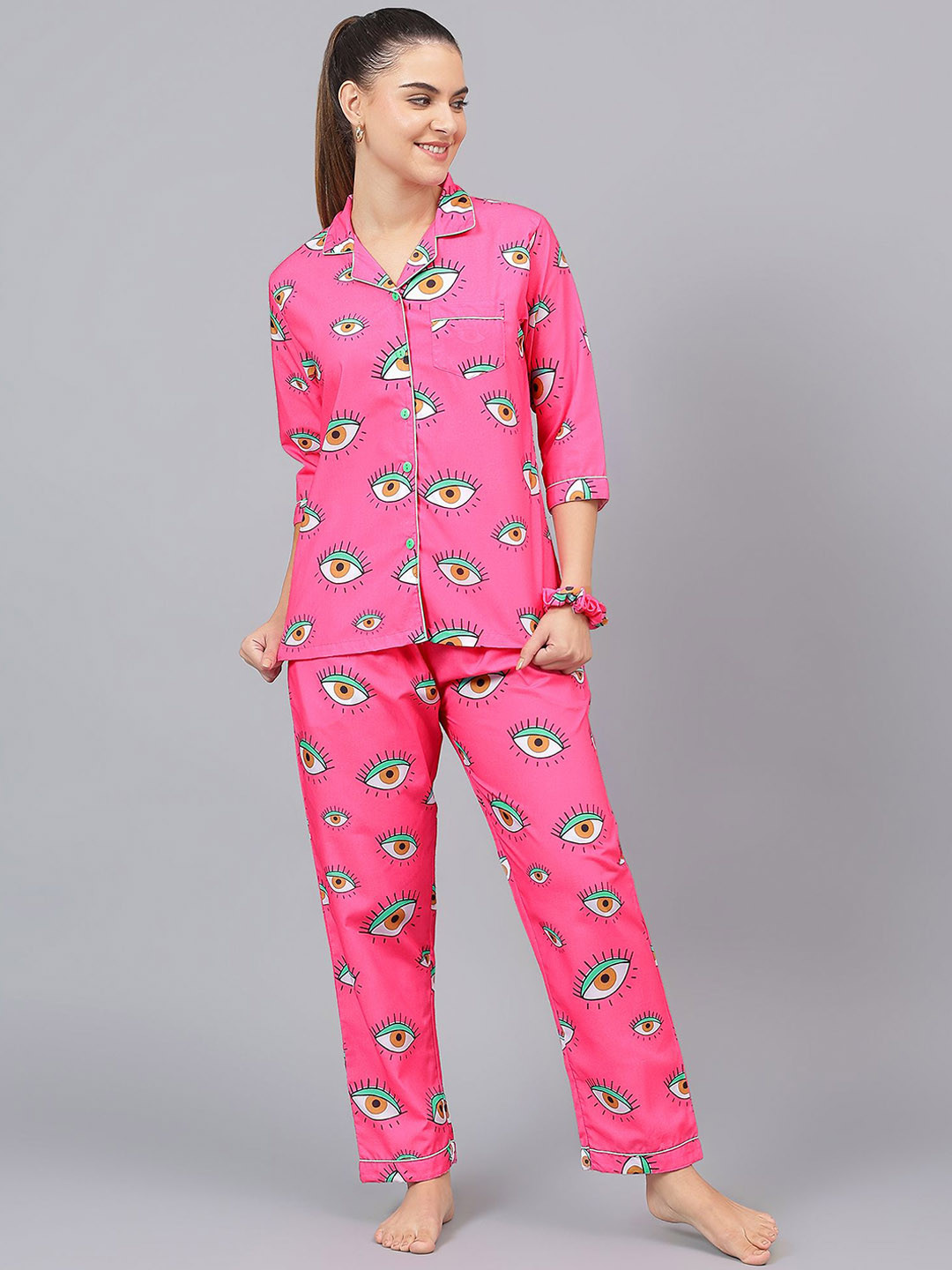 

LEAF ORIGINALS Women Abstract Printed Pure Cotton Night suit, Pink