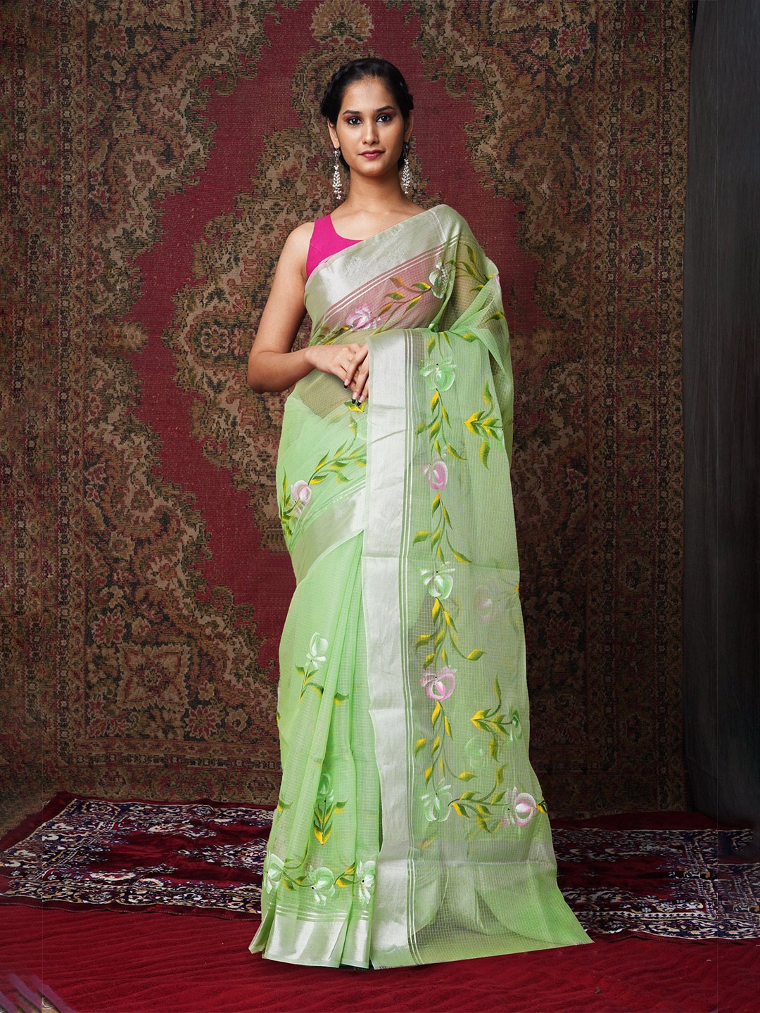 

Unnati Silks Floral Printed Zari Handloom Kota Saree, Green