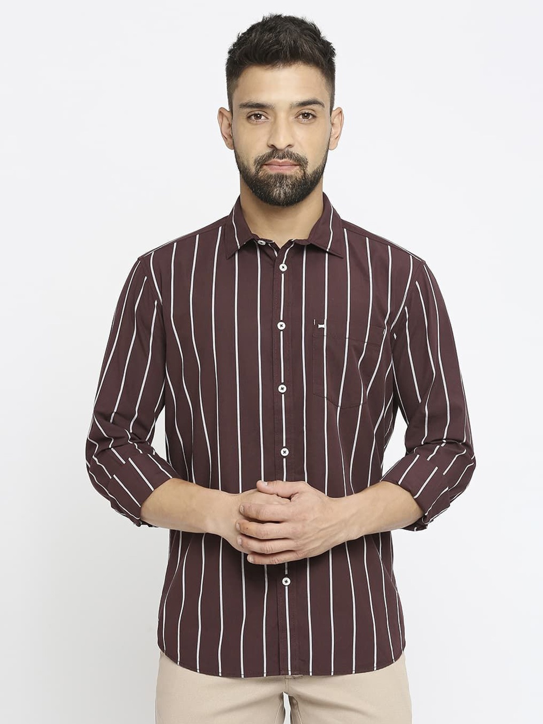 

Basics Men Slim Fit Opaque Striped Casual Shirt, Red