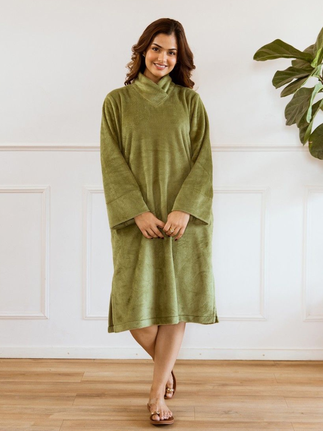 

FEATHERS CLOSET Women Bell Sleeve Wool Jumper Dress, Green