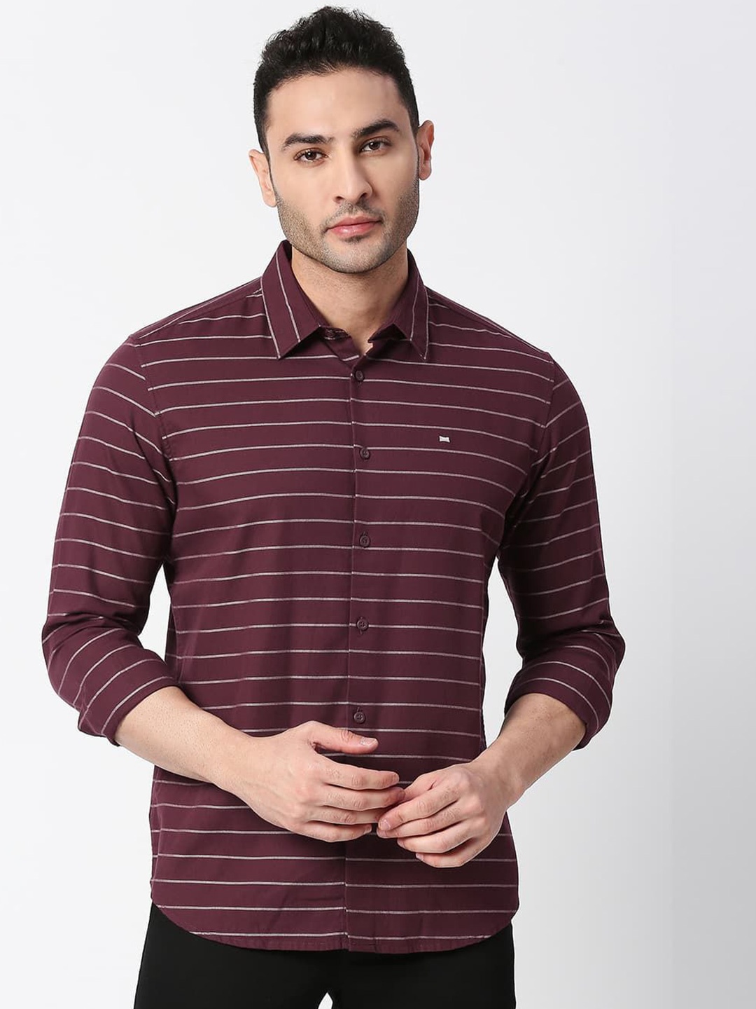 

Basics Men Slim Fit Horizontal Stripes Opaque Striped Casual Shirt, Maroon