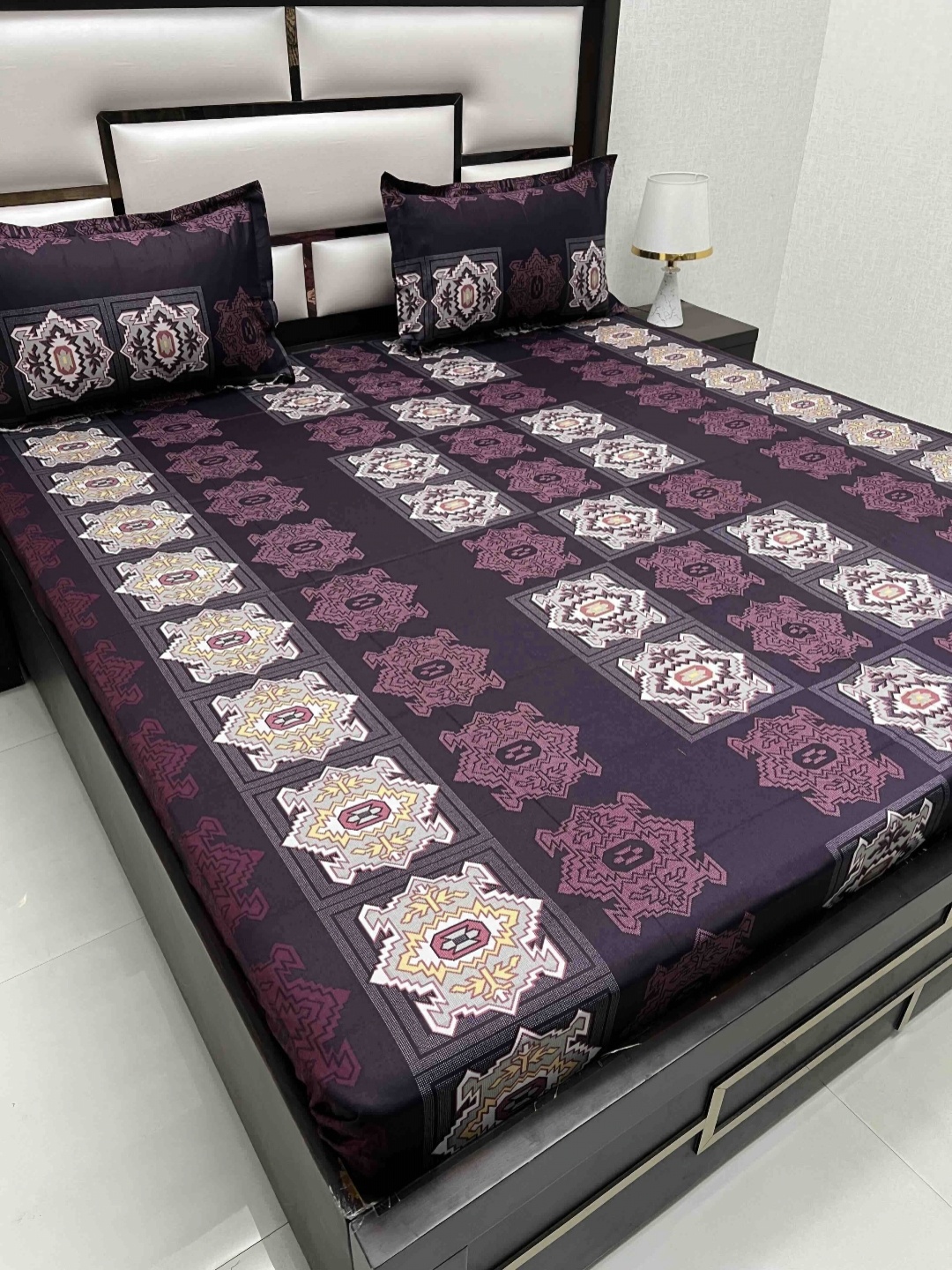 

Pure Decor Purple & Beige Ethnic Motifs 300 TC Queen Bedsheet with 2 Pillow Covers