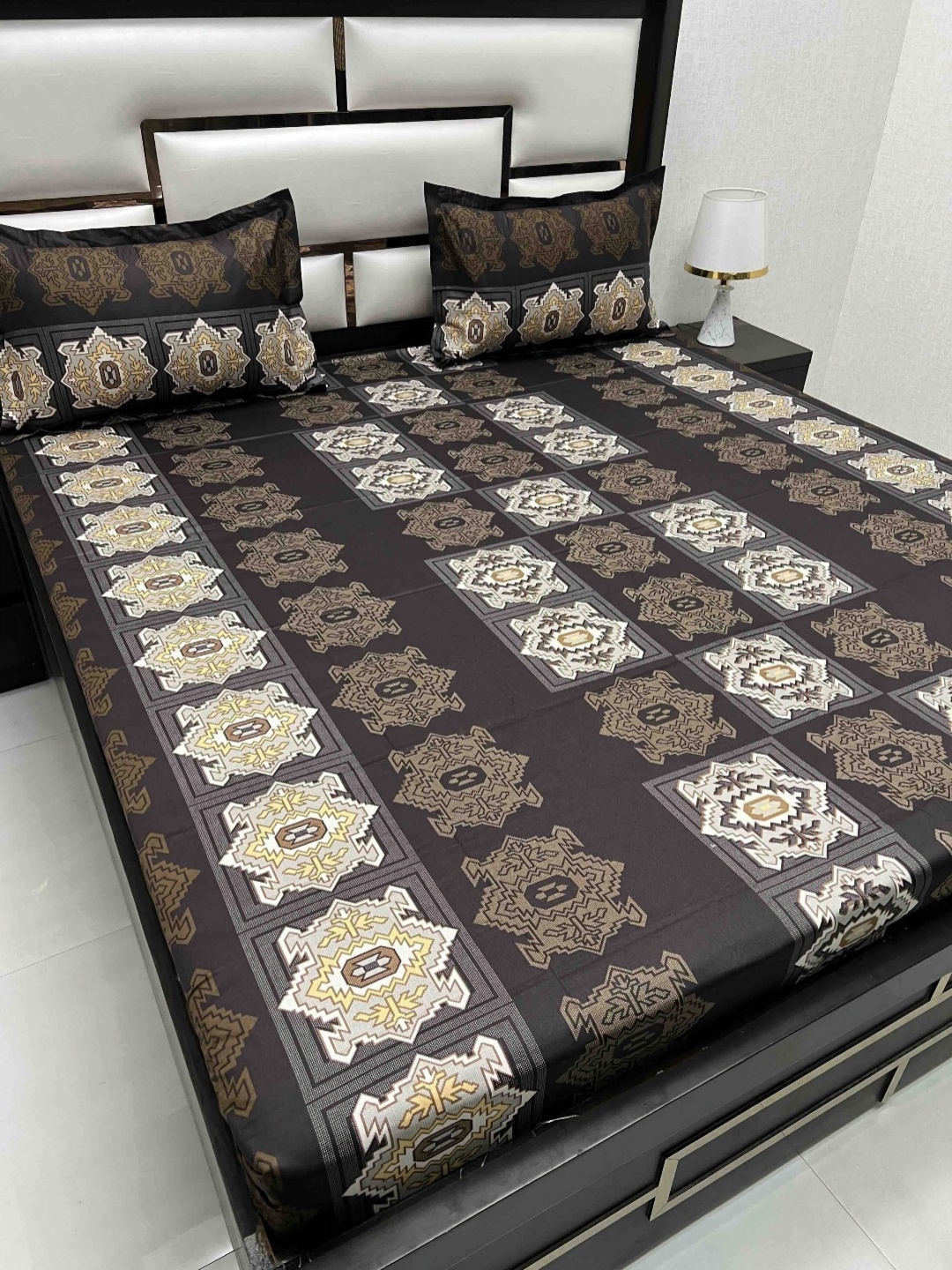 

Pure Decor Brown Ethnic Motifs 330 TC Pure Cotton Queen Bedsheet Set 2.28 m x 2.56 m