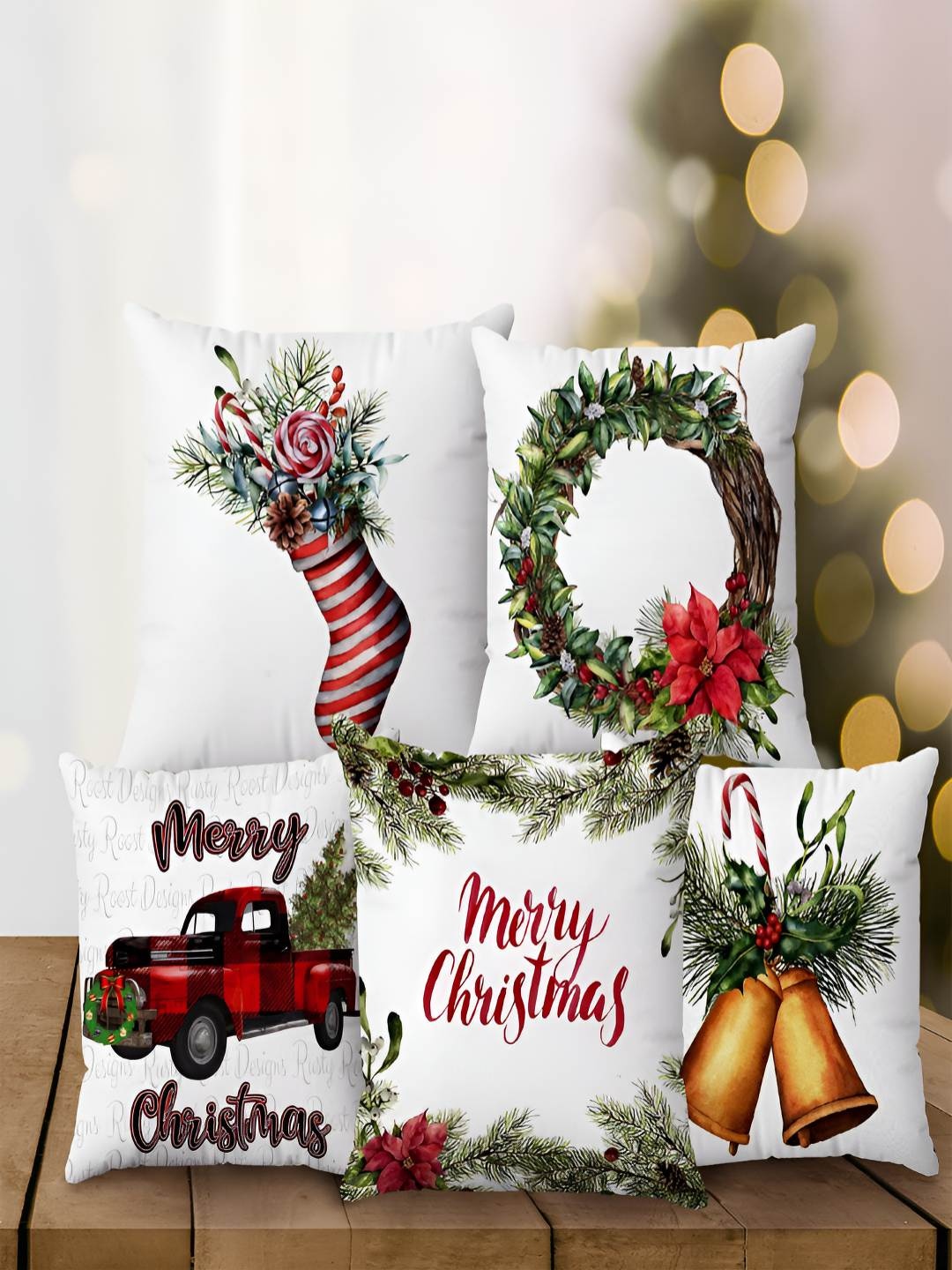 

Steve & Anderson Set of 5 White & Green Printed Square Cushion Covers