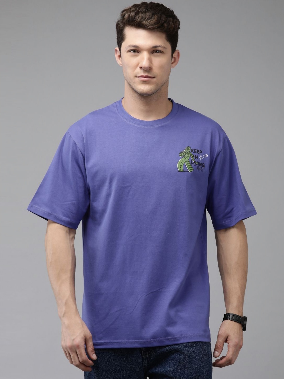 

Provogue Men Typography Printed Drop-Shoulder Sleeves Applique Boxy T-shirt, Violet