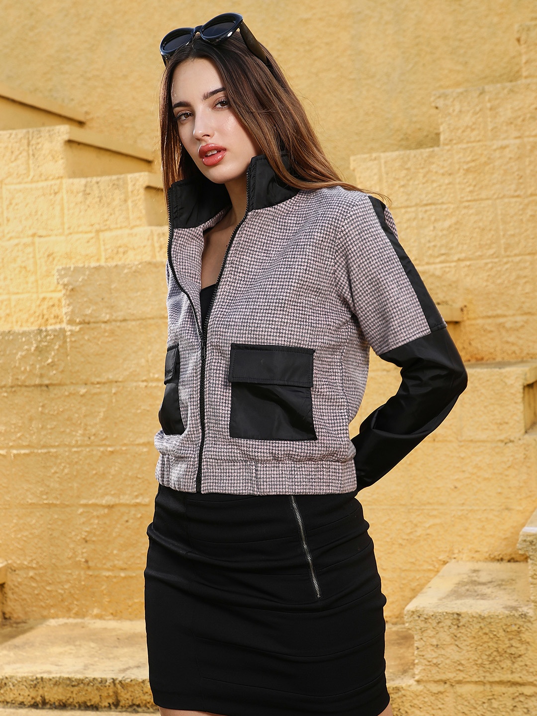 

Campus Sutra Women Lightweight Biker Jacket with Patchwork, Multi