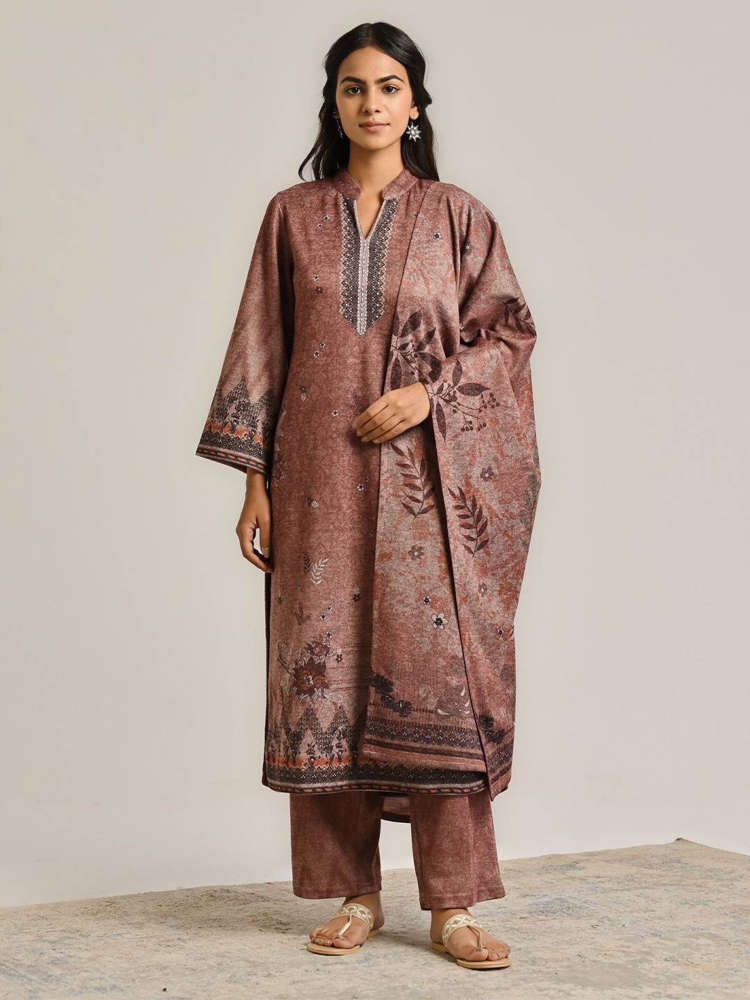 

Rustorange Floral Printed Pure Wool A Line Kurta with Salwar & With Dupatta, Brown