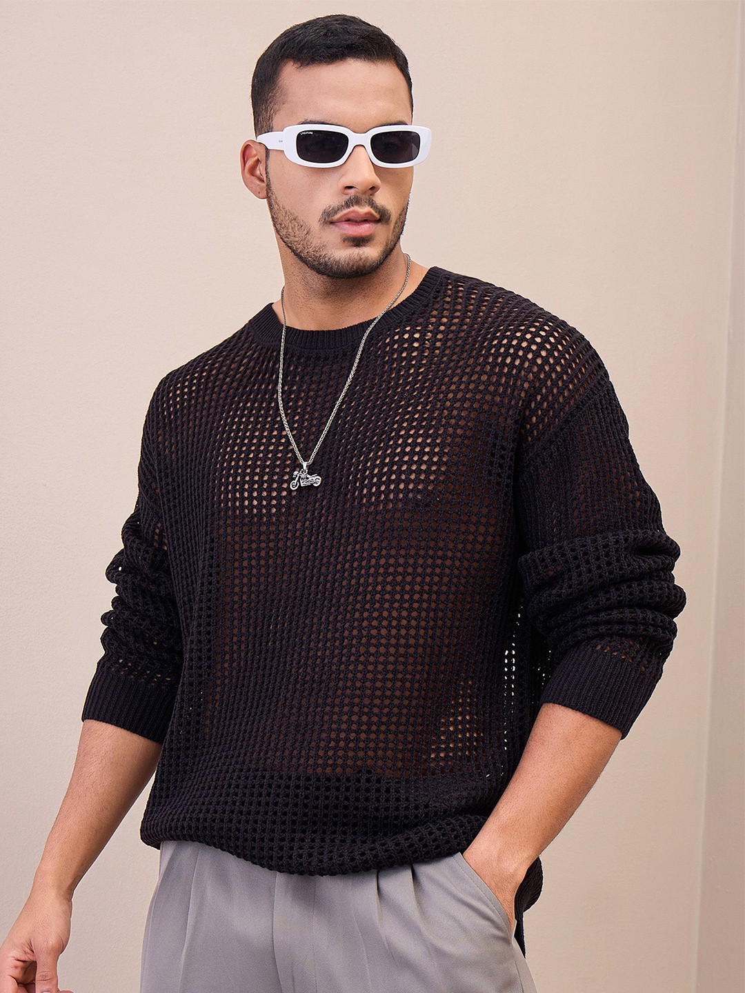

MASCLN SASSAFRAS Men Open Knit Pullover Sweaters, Black