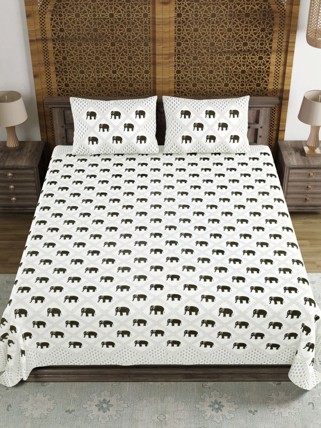 

BLOCKS OF INDIA White Ethnic Motifs Pure Cotton 210 TC King Bedsheet Set 2.69 m x 2.69 m