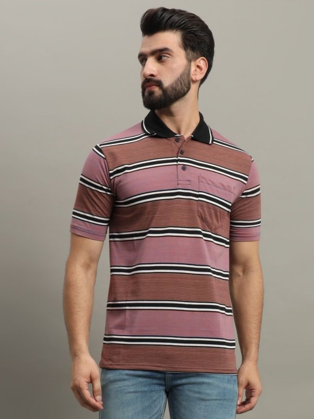 

GET GOLF Men Striped Polo Collar Cotton T-shirt, Mauve