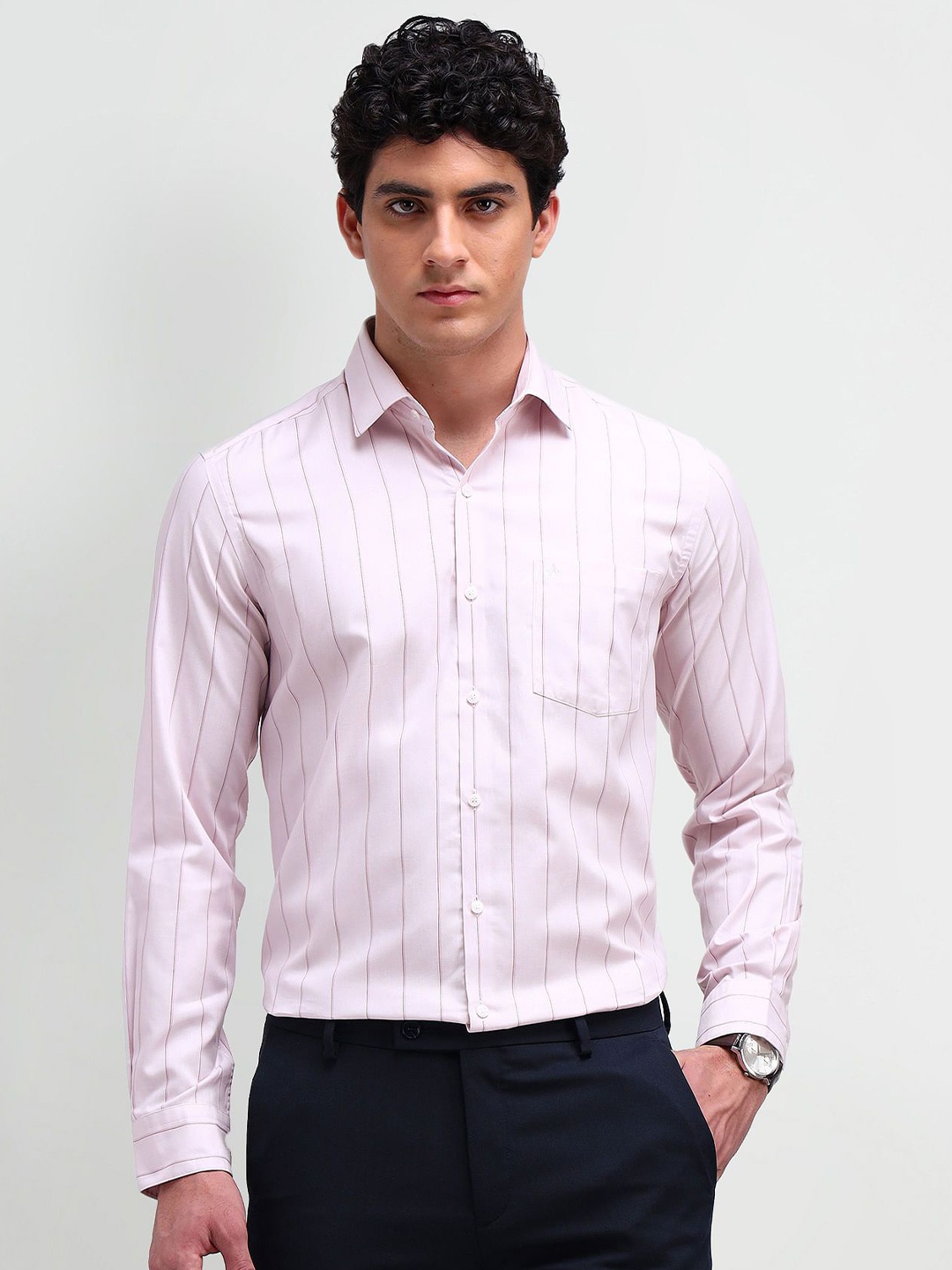 

Arrow Men Long Sleeves Verticlar Striped Slim Shirt, Pink