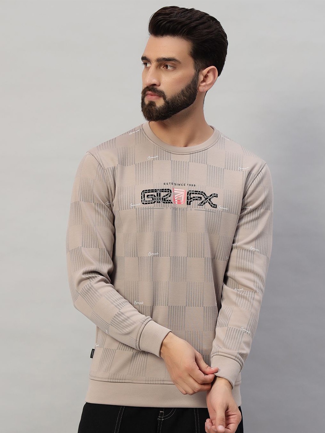

PROFY Men Checked Round Neck Sweatshirt, Camel brown