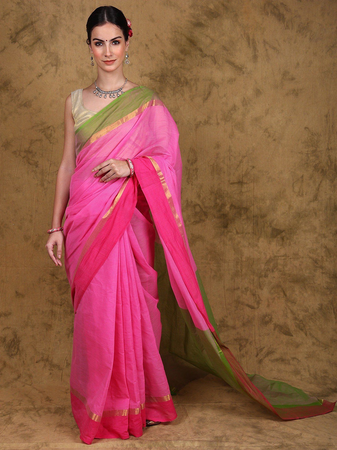 

Exotic India Fuchsia Pink Stripe Woven Cotton Saree with Golden Border