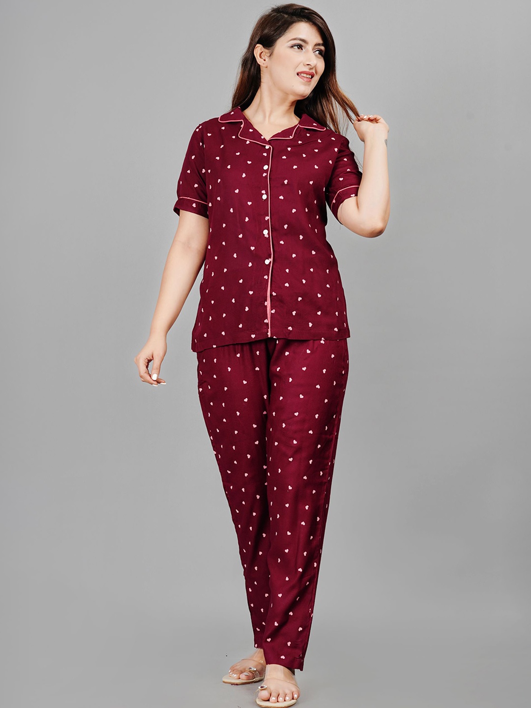 

Dreambe Printed Shirt With Pyjama Nightsuit, Maroon