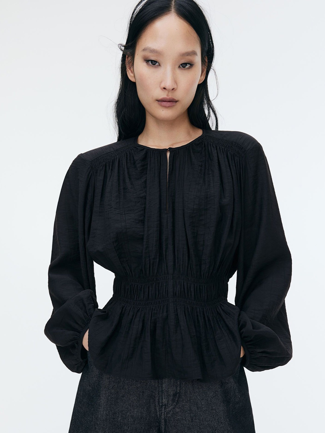 

H&M Smocking-Detail Blouse, Black