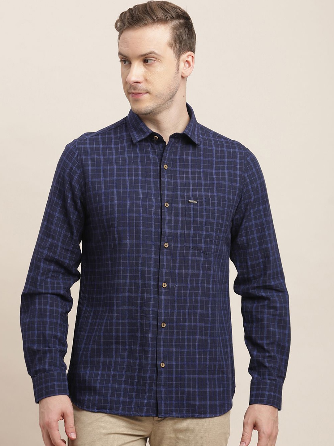 

Turtle Men Relaxed Slim Fit Grid Tattersall Checks Opaque Checked Casual Shirt, Blue