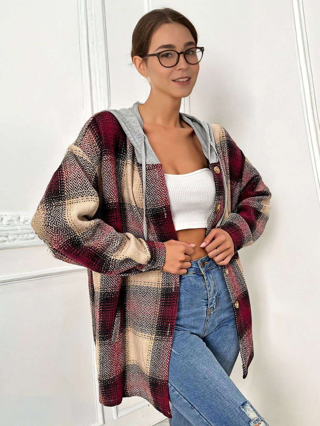 

StyleCast Women Checked Polyester Longline Open Front Jacket, Red
