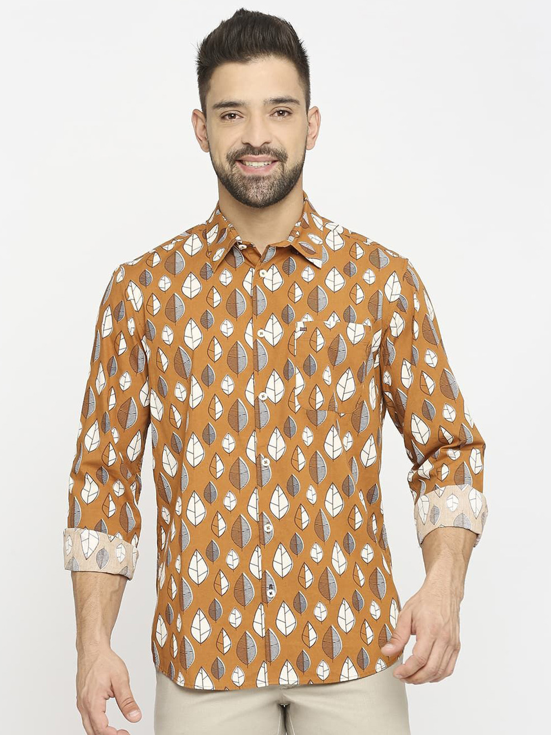 

Basics Men Slim Fit Opaque Printed Casual Shirt, Tan