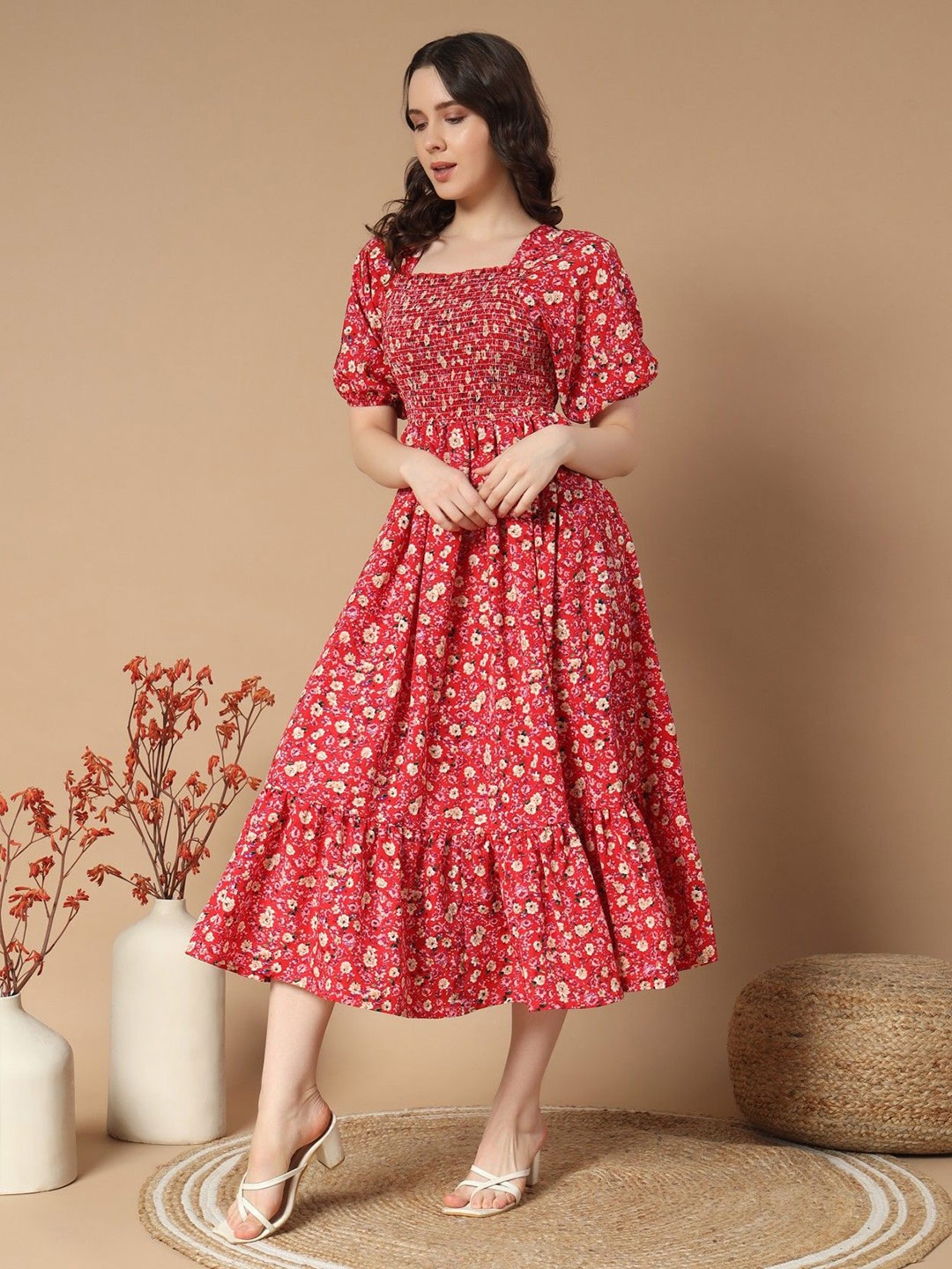 

Femvy Women Floral Printed Puff Sleeve Crepe Fit & Flare Dress, Red