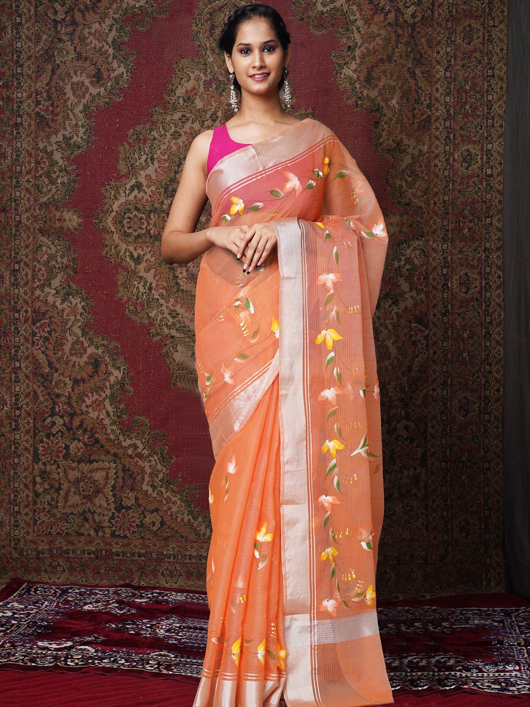 

Unnati Silks Floral Zari Handloom Kota Saree, Orange