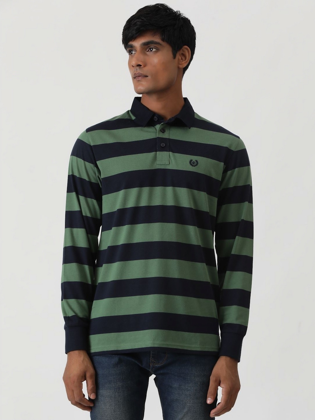 

Greenfibre Men Striped Polo Collar Applique Slim Fit T-shirt, Green