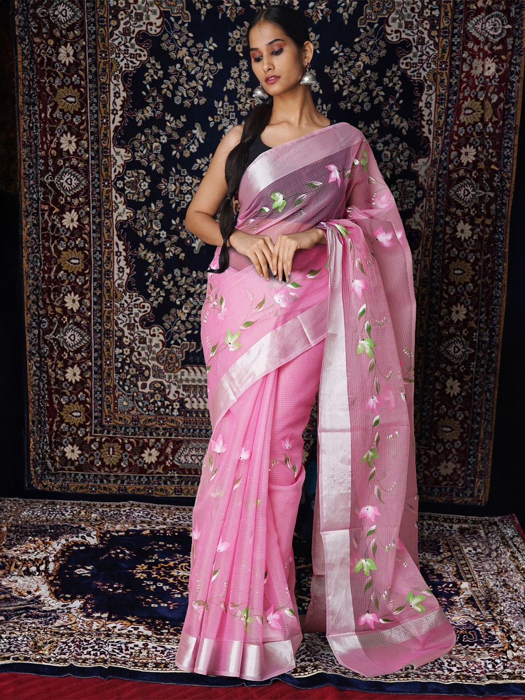 

Unnati Silks Floral Zari Handloom Kota Saree, Pink