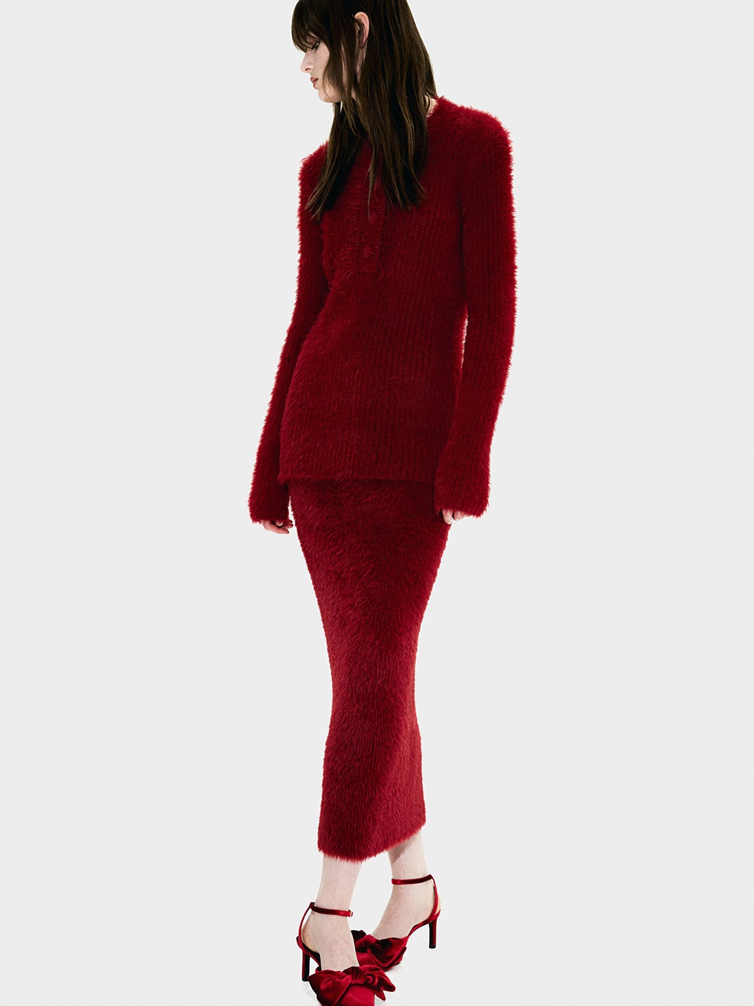 

H&M Women Fluffy Knit Skirt, Red