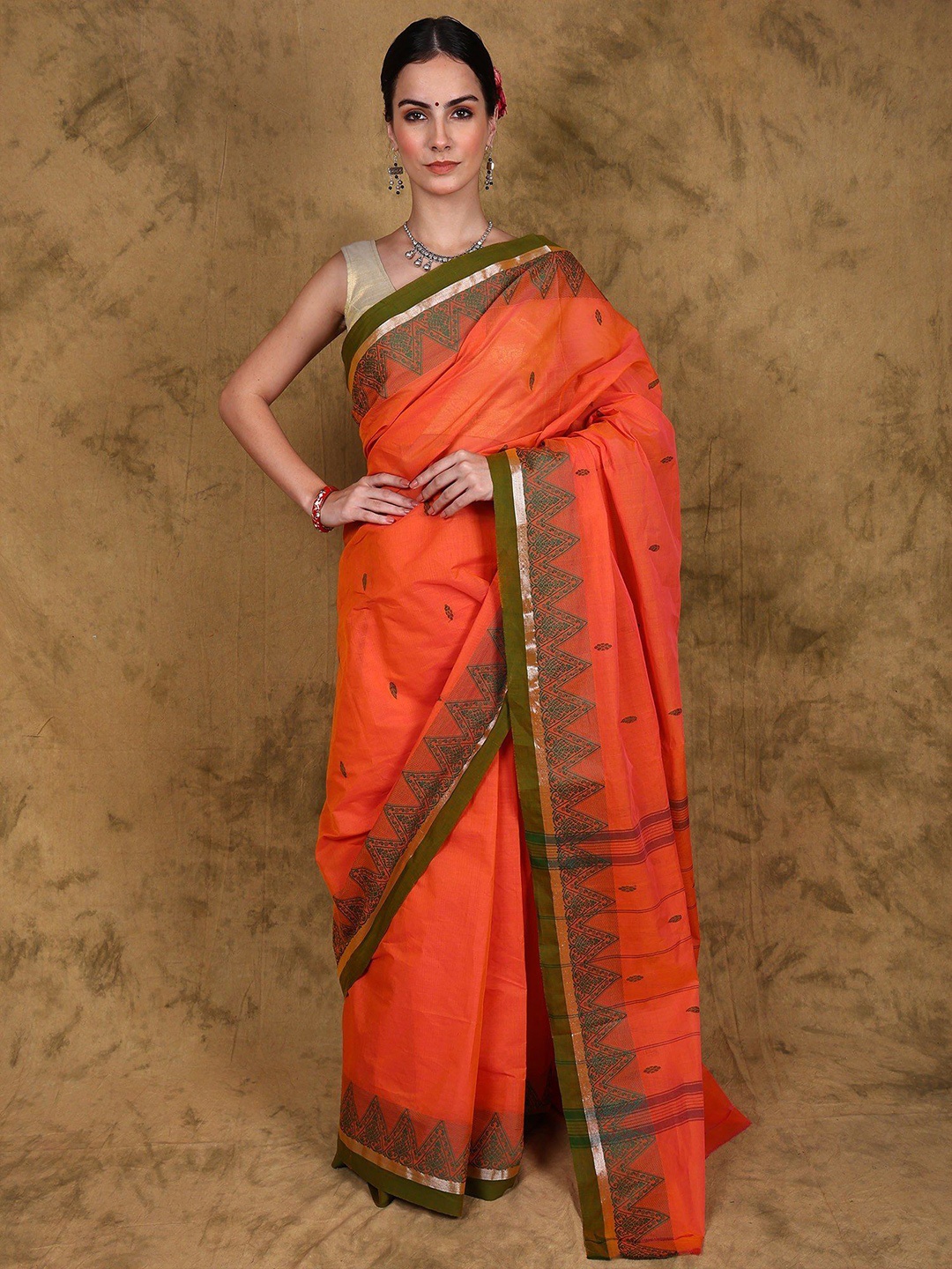 

Exotic India Chettinad Cotton Saree with Floral Temple Woven Border and Striped Pallu, Orange