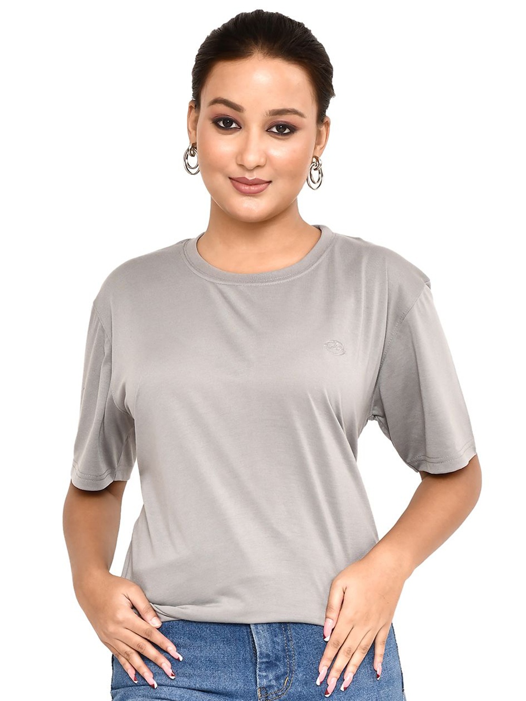

RAPL Women High Neck Extended Sleeves Pockets T-shirt, Steel