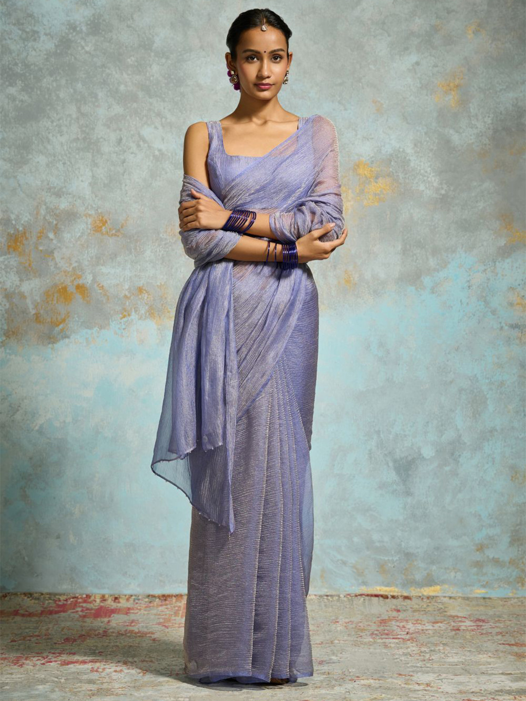 

Dressfolk Striped Tissue Chanderi Saree With Blouse Piece, Purple