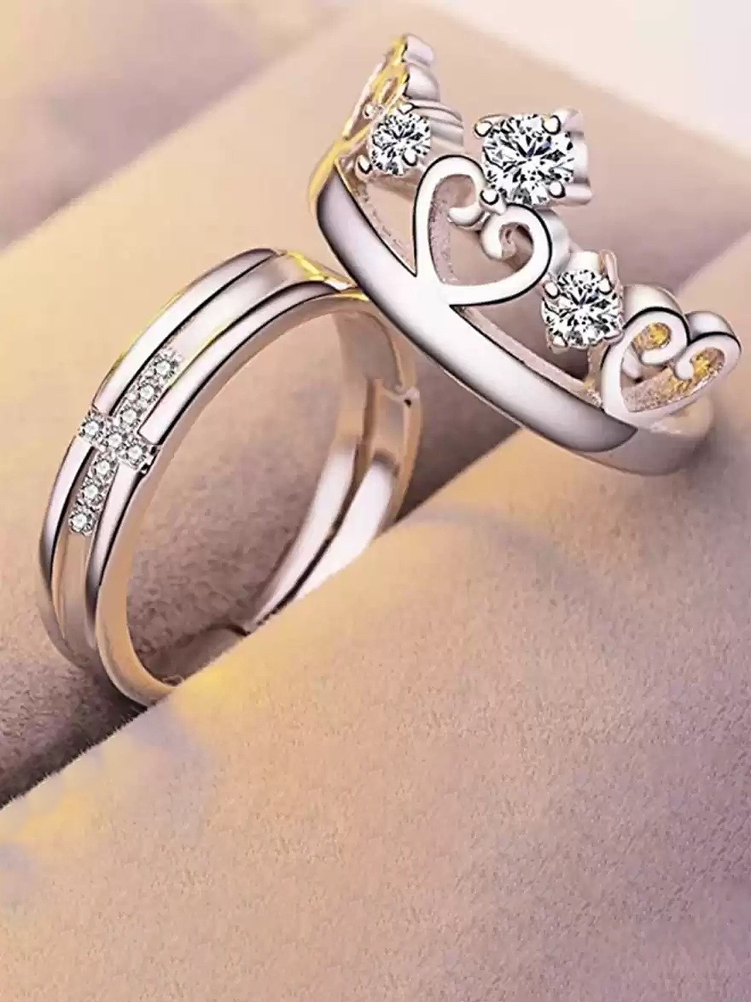 

Lila Unisex Set Of 2 Silver-Plated Stainless Steel CZ-Stone Studded Finger Rings
