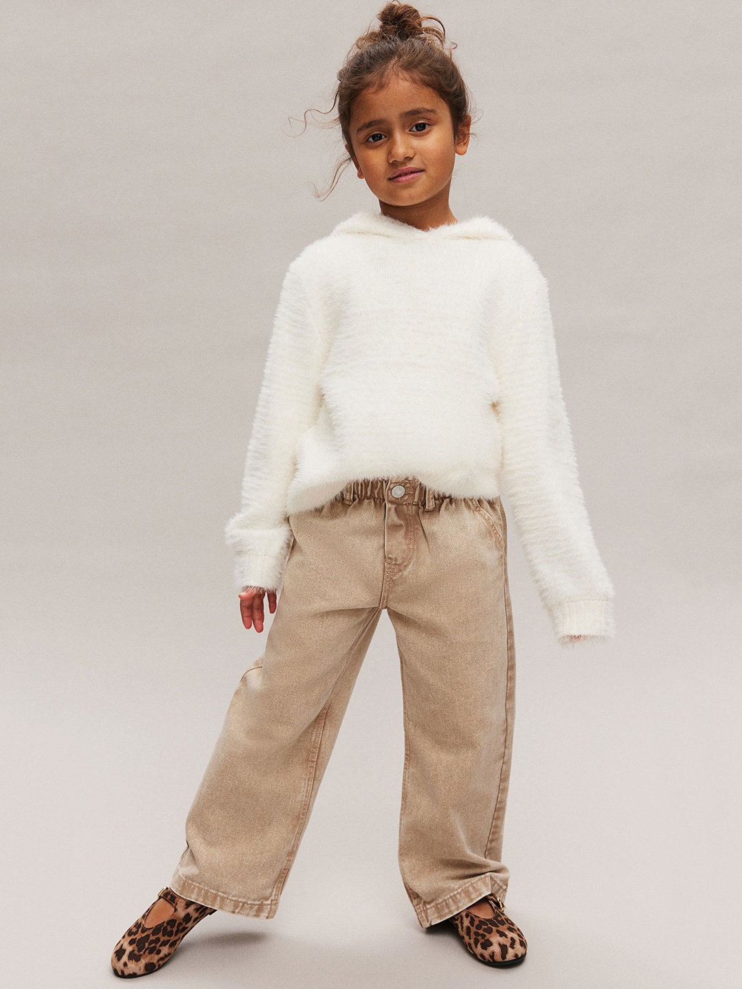 

H&M Girls Pure Cotton Wide Leg Paper Bag Jeans, Beige