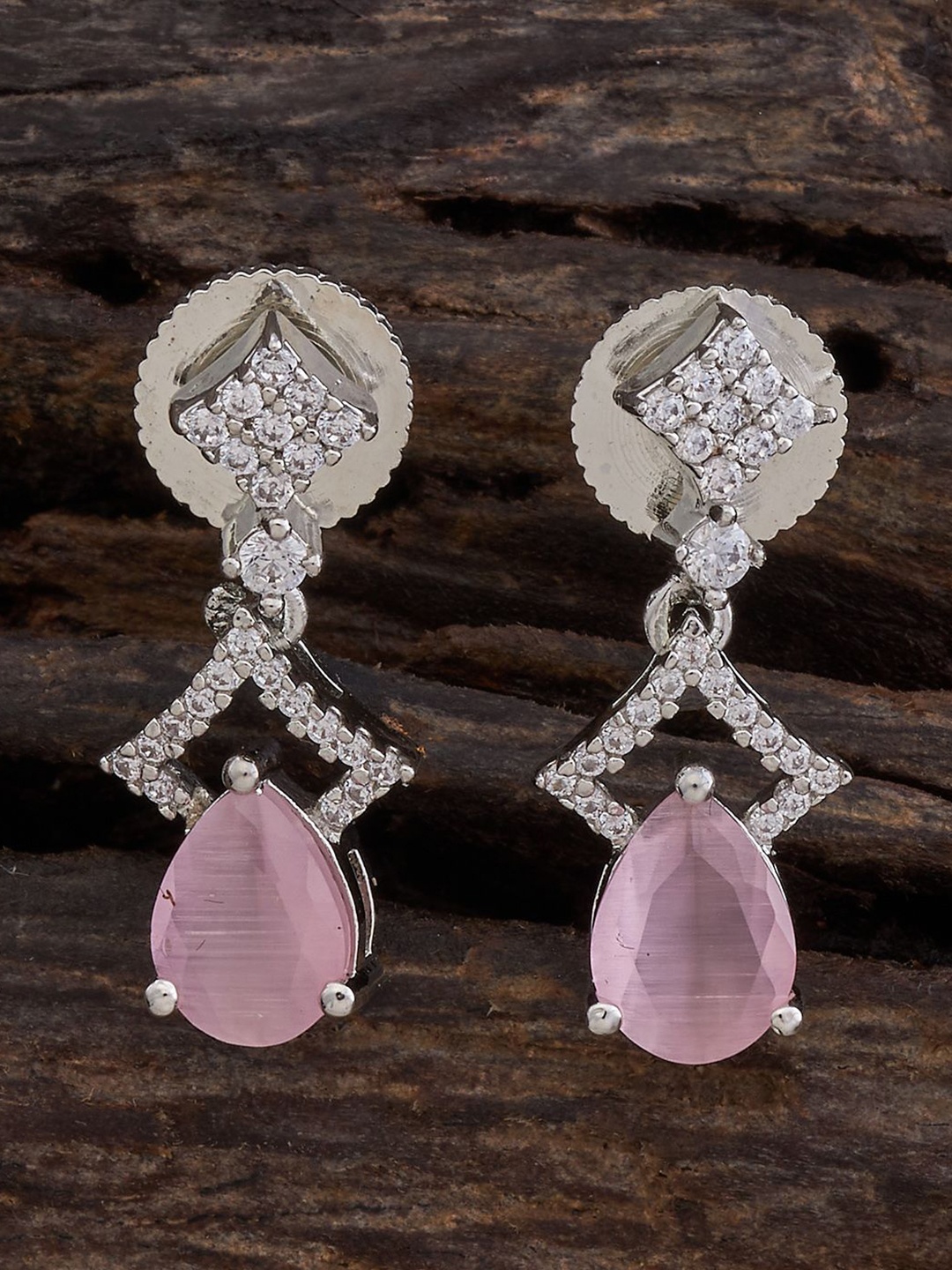 

Kushal's Fashion Jewellery Rhodium-Plated CZ-Stone Studded Teardrop Shaped Drop Earrings, Silver