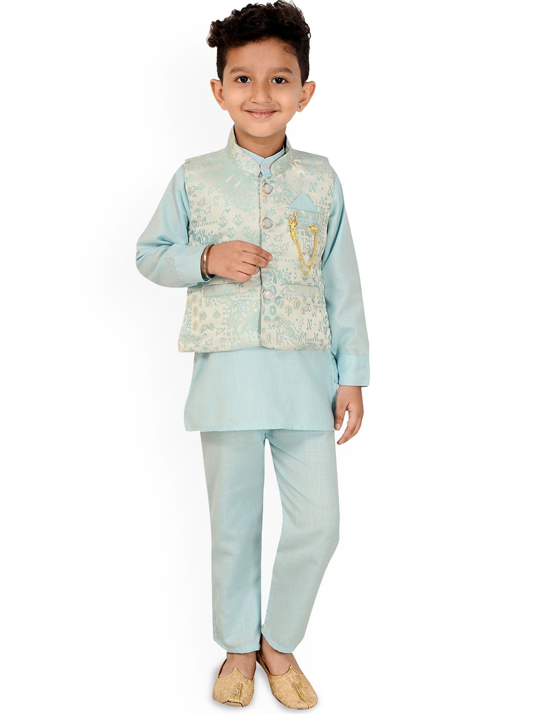 

Little Needle Boys Regular Linen Kurta with Trousers, Turquoise blue