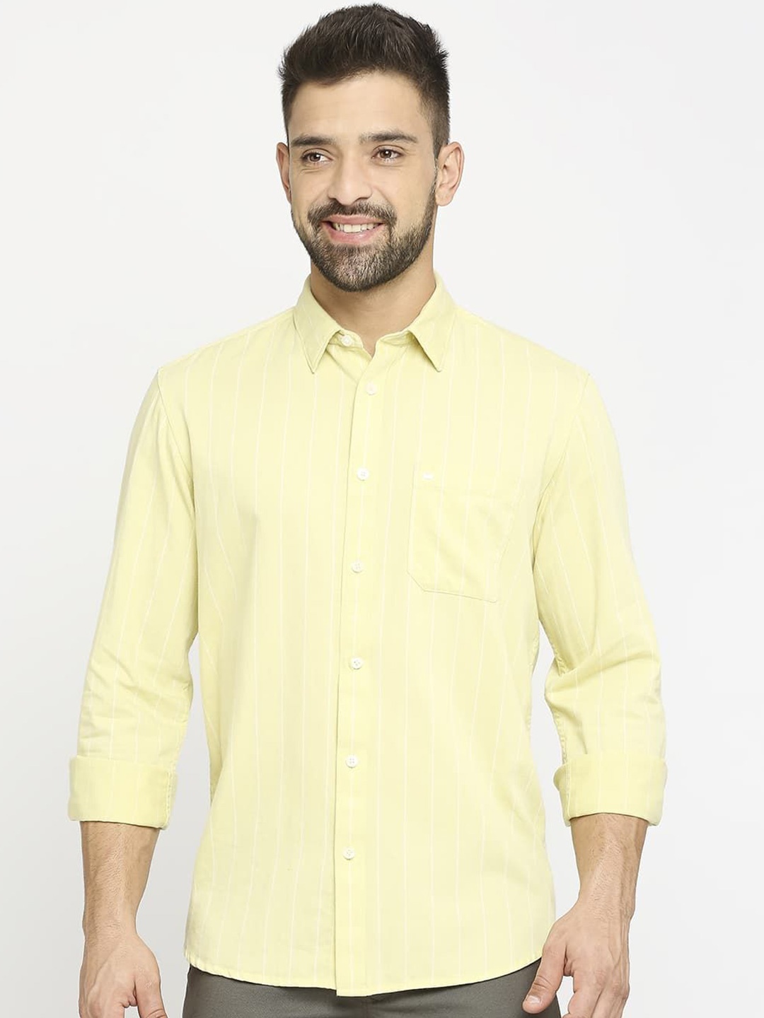 

Basics Men Slim Fit Pinstripes Opaque Striped Casual Shirt, Green