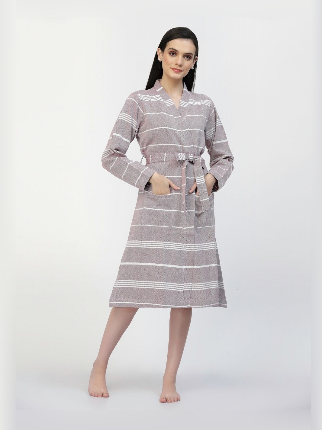 

KLOTTHE Purple & White Striped Cotton Long Sleeves Bath Robe With Belt