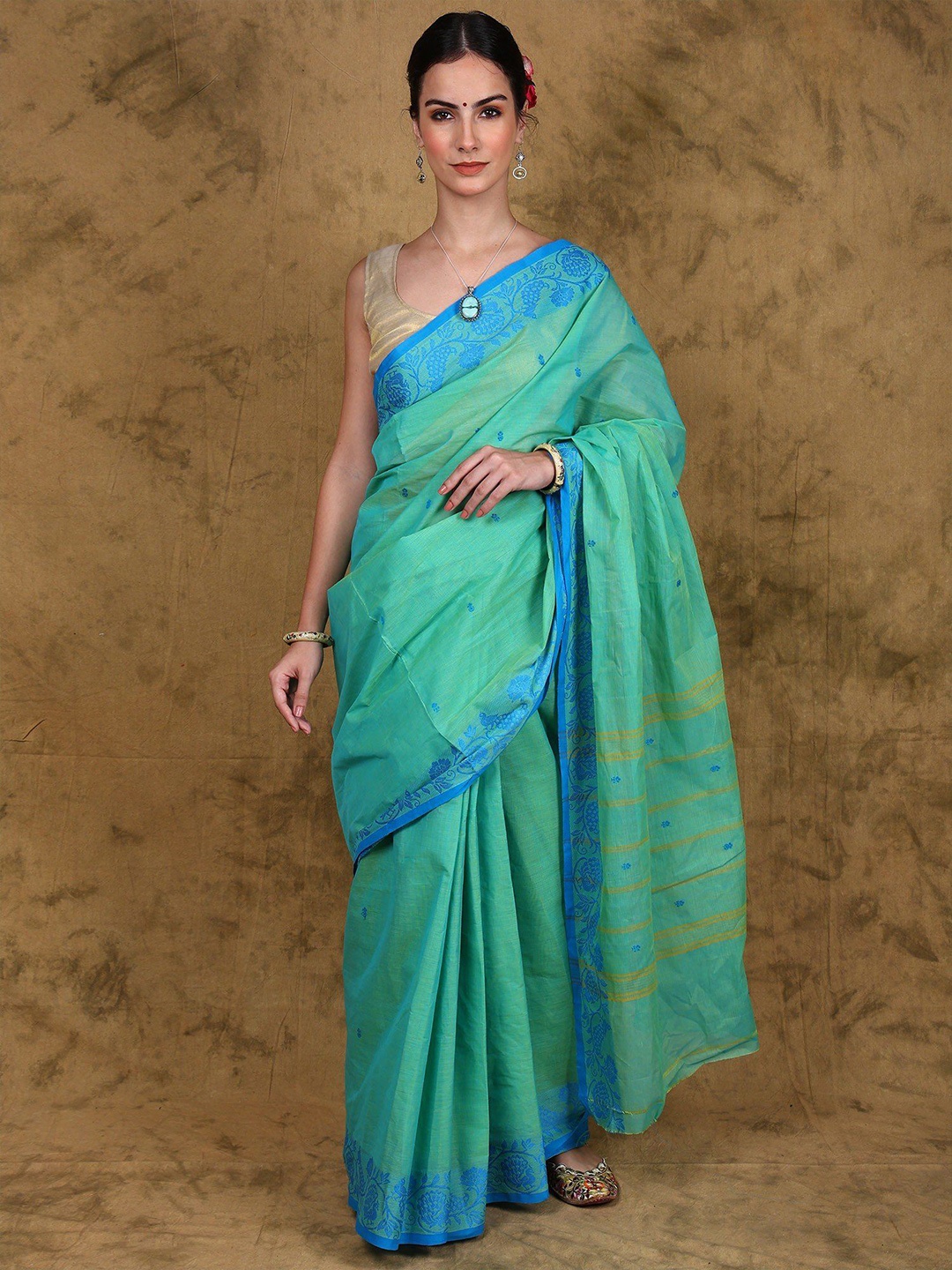 

Exotic India Pistachio-Green Chettinad Cotton Saree with Woven Bootis and Peacock Border