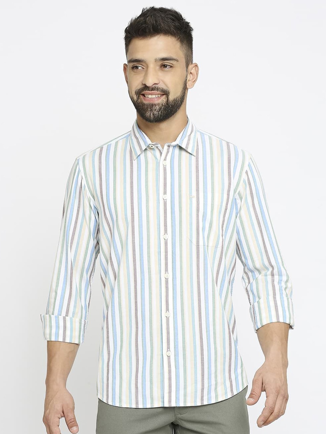 

Basics Men Slim Fit Bengal Stripes Opaque Striped Casual Shirt, Blue