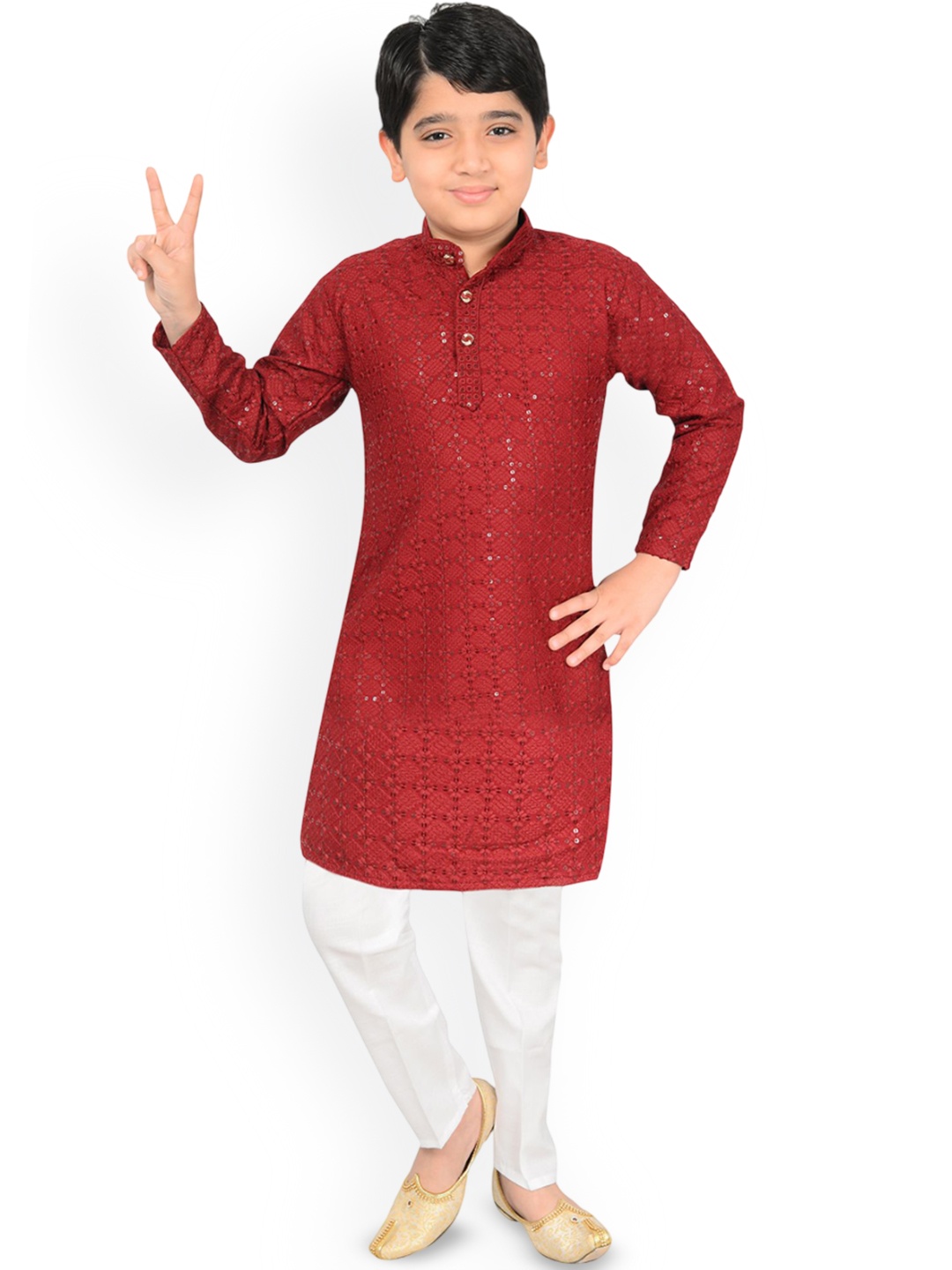 

Little Needle Boys Embroidered Regular Chikankari Kurta with Trousers, Maroon