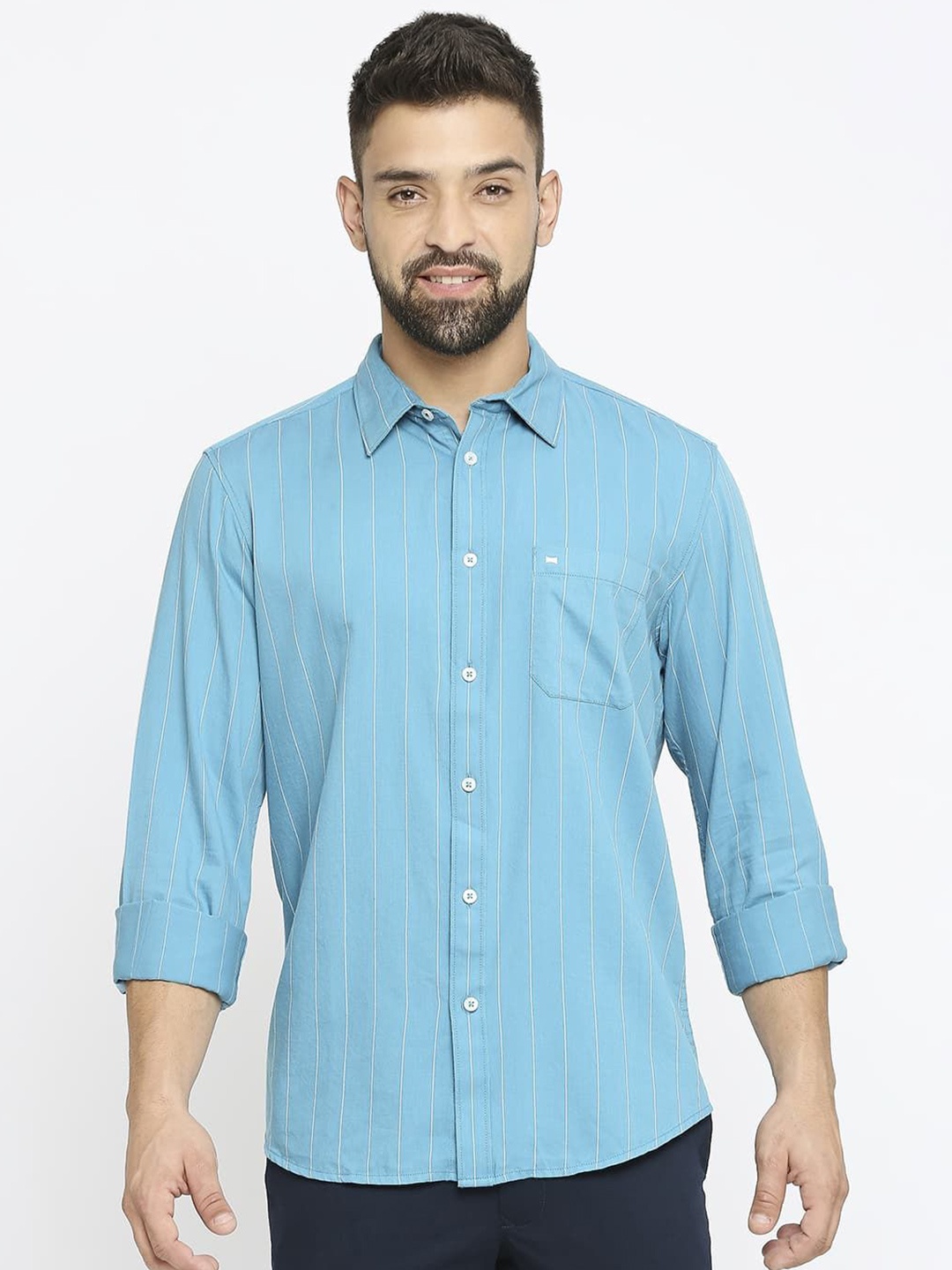 

Basics Men Slim Fit Pinstripes Opaque Striped Casual Shirt, Blue