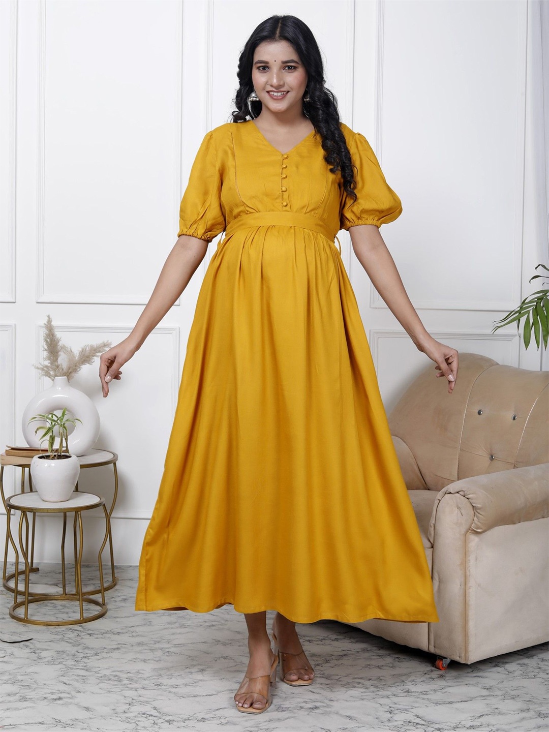 

Swasti Ethnic Motifs Maternity Maxi Dress, Yellow
