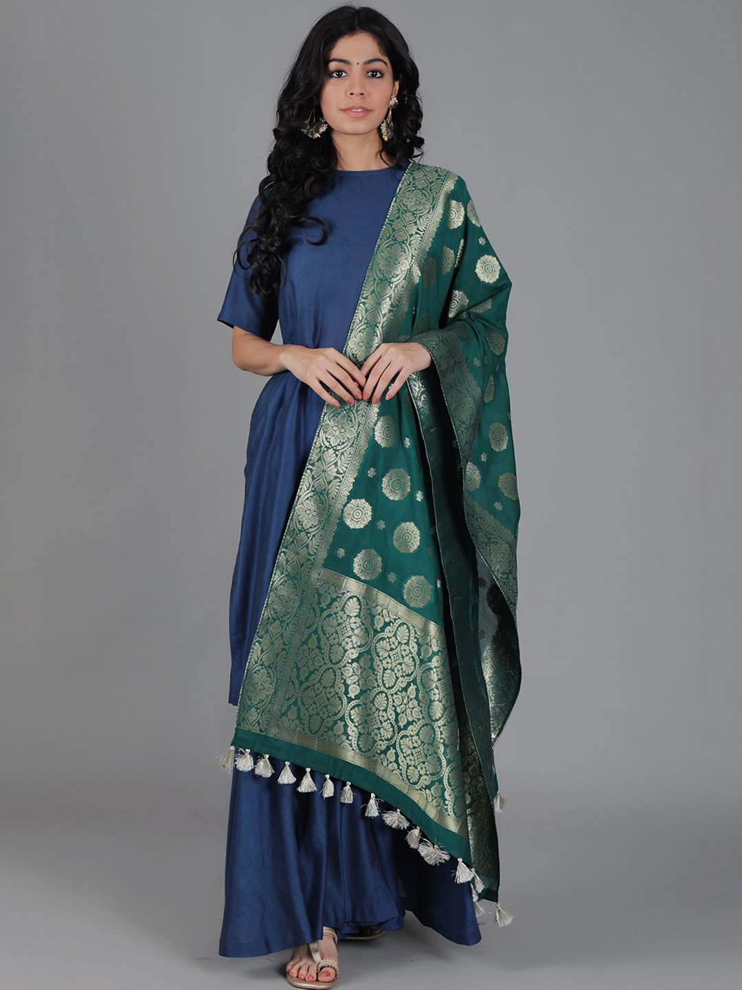 

TJORI Woven Design Dupatta with Zari, Green