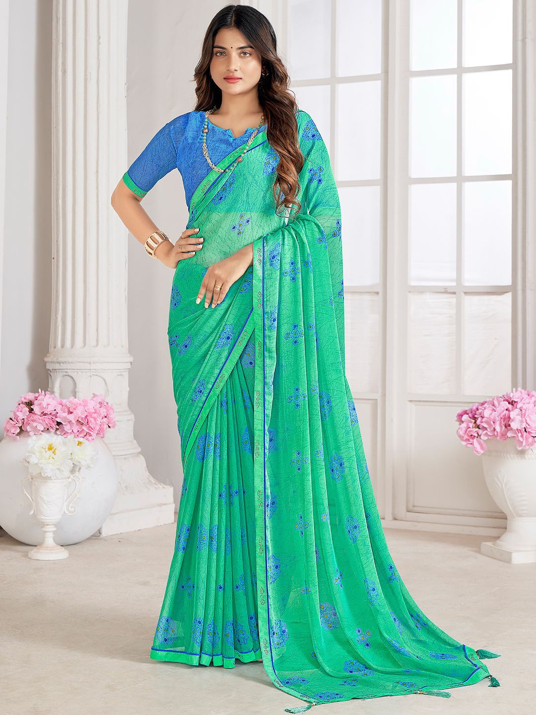 

Mitera Floral Printed Beads and Stones Saree, Blue