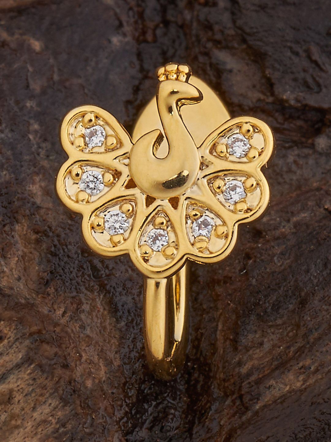 

Kushal's Fashion Jewellery Gold-Plated CZ-Stone Studded Peacock Design Stud Nosepin