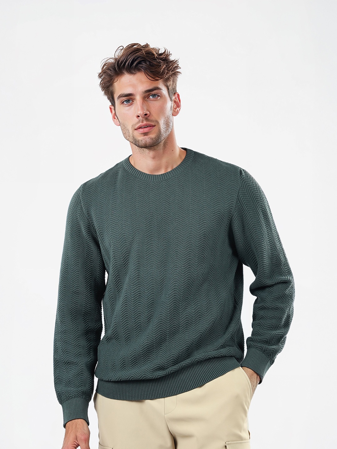 

Celio Men Cotton Round Neck Pullover Sweaters, Green